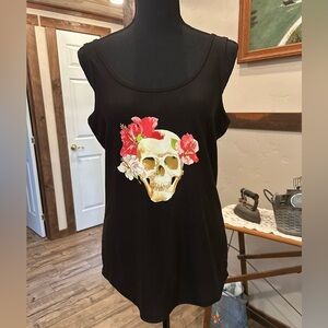 No Boundaries Black Tank Top with Skull and Floral Design